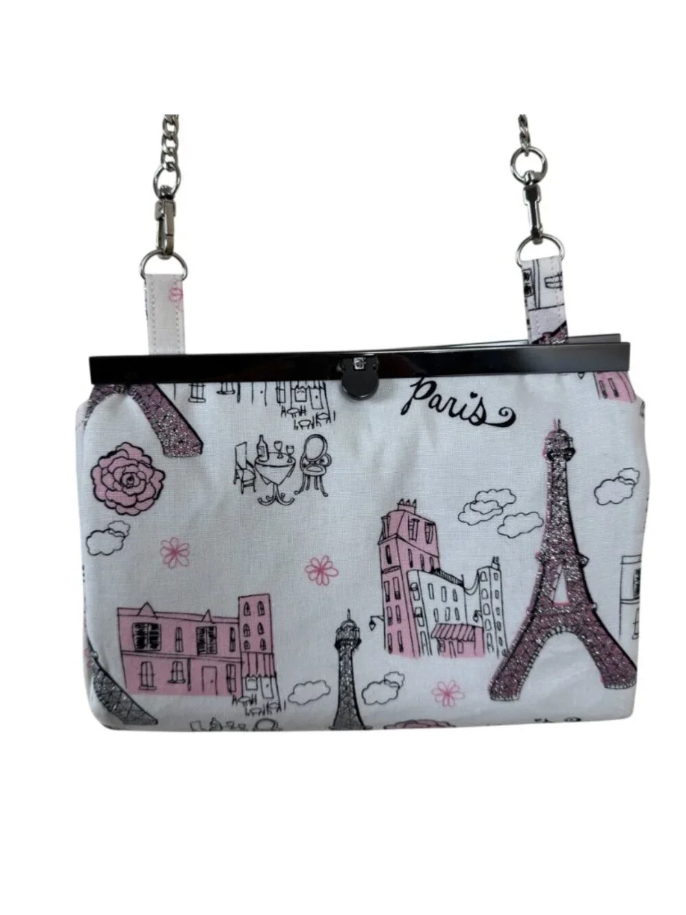Handmade Clutch Small Shoulder Bag Purse Paris White Pink Glitter Fun Girly